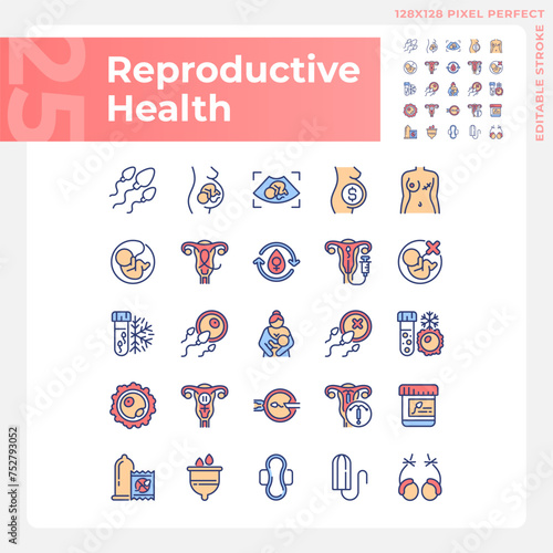 Reproductive health RGB color icons set. Artificial pregnancy, childcare. Pregnancy prevention methods. Isolated vector illustrations. Simple filled line drawings collection. Editable stroke