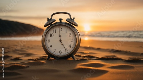 Vintage twin bell alarm clock on the beach at sunset. A perfect illustration for time management.