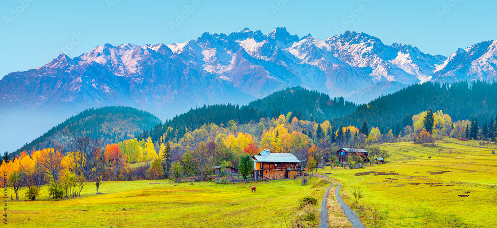 A village house in the distance with autumn colorful landscape with amazing rainbow - Savsat, Artvin - obrazy, fototapety, plakaty 