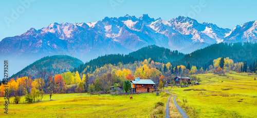 A village house in the distance with autumn colorful landscape with amazing rainbow - Savsat, Artvin