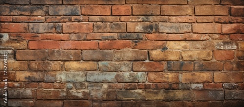 An aged brick wall shows signs of wear and tear, with a rough and grungy surface. The weathered bricks are discolored, cracked, and covered in dirt and grime.