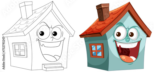 Two animated houses showing cheerful expressions.