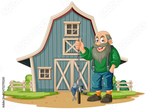 Cheerful old man with fish by a barn.