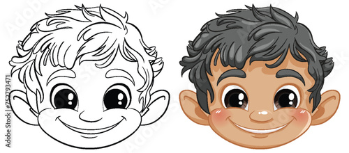 Two smiling boys' faces, one colored, one outlined.