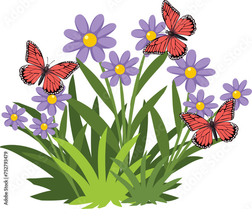 Colorful butterflies perched on vibrant purple flowers