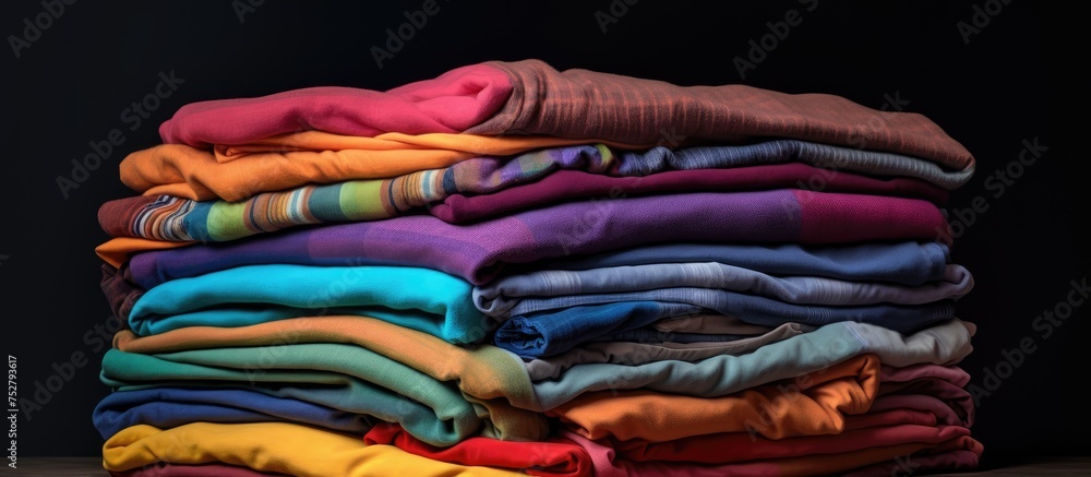 Organized Stack of Neatly Folded Clothing in Pastel Colors on White Background Organized Stack of Neatly Folded Clothing in Pastel Colors on White Background