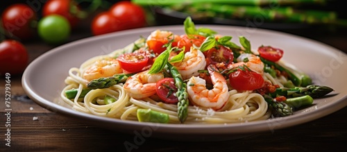 Delicious Seafood Pasta Dish with Fresh Shrimp, Asparagus, and Tomatoes on a Plate