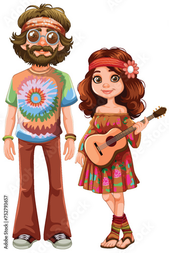 Cartoon hippies with colorful clothing and guitar.