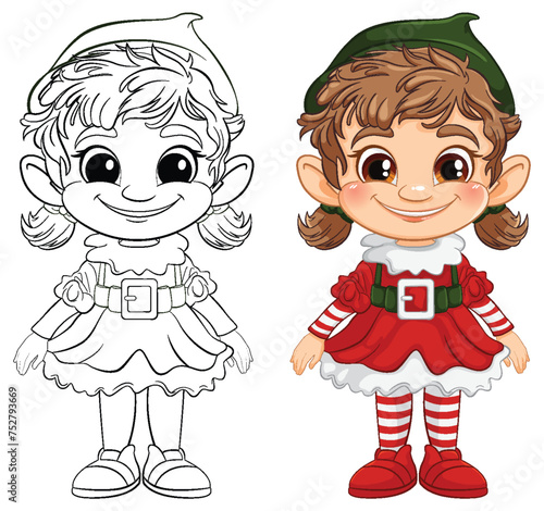 Colorful and outlined versions of a happy elf girl.