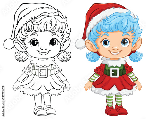 Black and white and colored Christmas elf drawings.