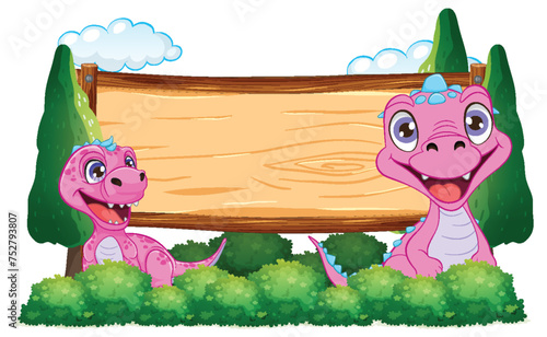 Two cartoon dragons beside an empty signboard.