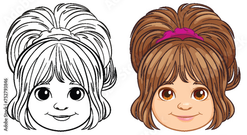 Black and white and colored cartoon girl illustrations.