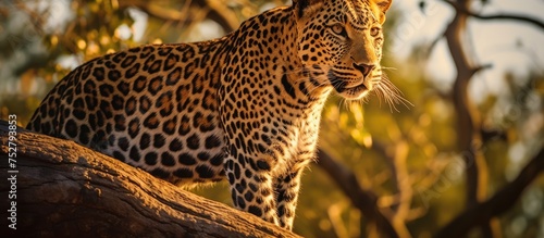 Majestic Leopard Perched on a Lush Green Tree Branch in the Wild