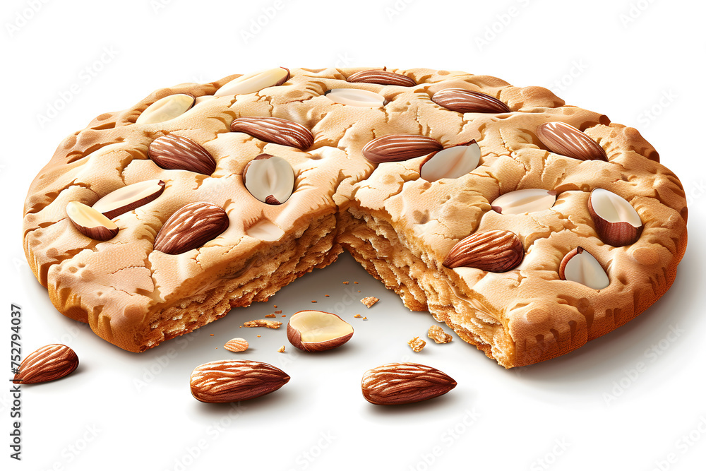 A 3D animated cartoon render of a giant almond cookie with a bite taken out. - obrazy, fototapety, plakaty 
