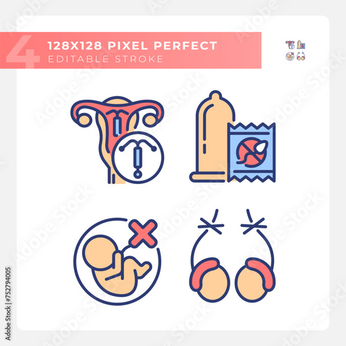Pregnancy prevention methods RGB color icons set. Contraceptive products, male vasectomy. Intrauterine devices. Isolated vector illustrations. Simple filled line drawings collection. Editable stroke