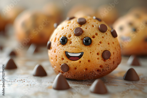 A 3D animated cartoon render of a smiling almond cookie character with chocolate chips.
