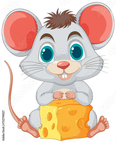 Adorable cartoon mouse holding a large cheese block