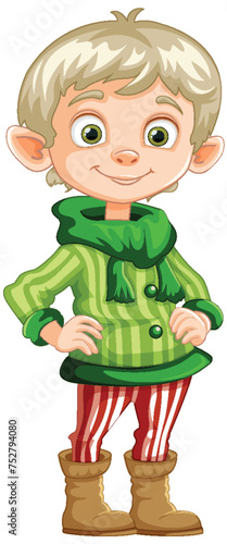 Smiling elf character dressed in holiday-themed clothes.