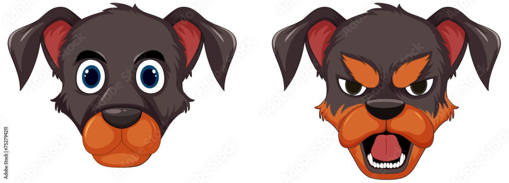 Vector illustration of a dog showing two emotions. Vector illustration of a dog showing two emotions.