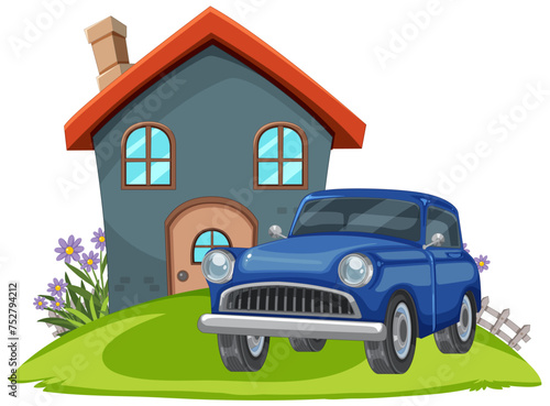 Vector illustration of a house and vintage car