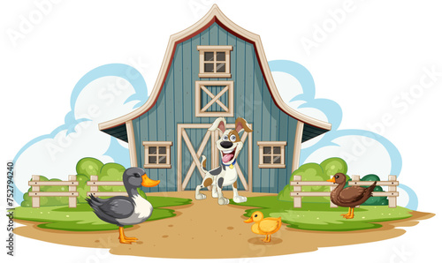 Cartoon animals in front of a farmhouse scene.