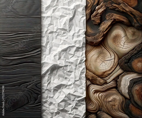 Distinct textures side by side: one third showing a design of dark wood background texture, one displaying white paper crush texture, and another featuring wooden rings texture paper photo