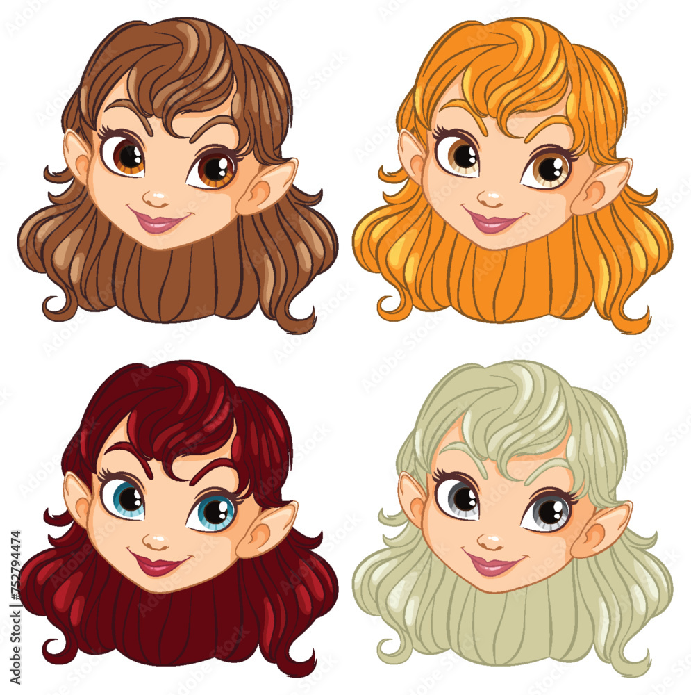 Four cheerful elf girls with different hair colors. Four cheerful elf girls with different hair colors.