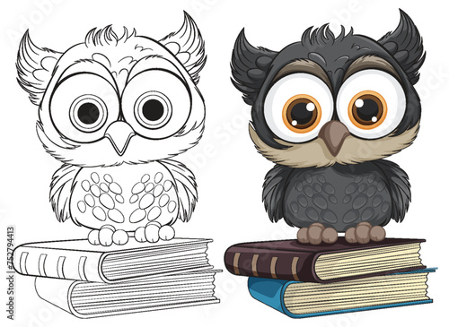 Two cartoon owls perched on stacked books