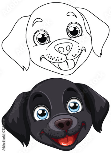 Two cartoon dogs, one colored and one outlined.