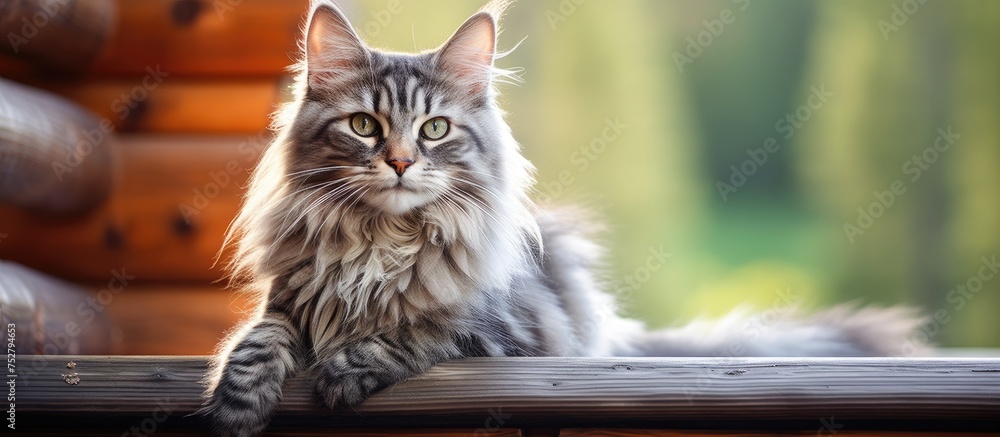 Majestic Cat Posed on a Rustic Wooden Bench Stares Intensely at the Camera