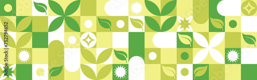 Bio template for ecological social projects, seamless pattern for eco packaging with green flowers. Natural style banner, mosaic of geometric white shapes.