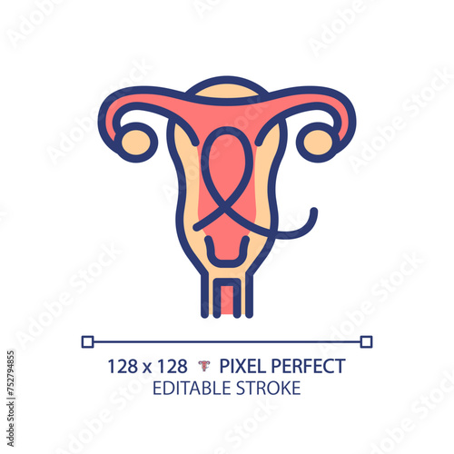Gynecologic cancer RGB color icon. Female reproductive system disease. Woman oncology, illness. Menstrual health. Isolated vector illustration. Simple filled line drawing. Editable stroke