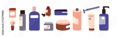 Cosmetic beauty products set. Shampoo, cleansing gel, moisturizing cream, hair spray, skincare lotion. Skin care essences in bottle, jar, tube. Flat vector illustrations isolated on white background