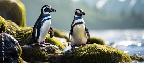 Adorable Pair of Penguins perching on a Rock in the Ocean enjoying the Scenic View