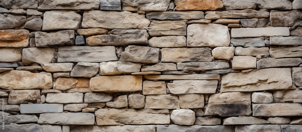 Obraz premium Rustic Stone Wall Featuring an Intricate Brown and White Stone Pattern Background