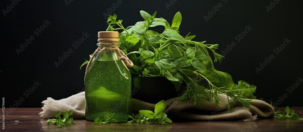 Refreshing Herbal Infusion: Aromatic Mix of Fresh Herbs Steeping in a Clear Water Bottle