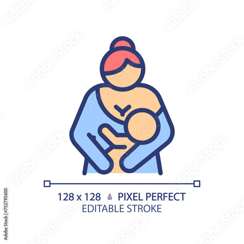 Baby lactation RGB color icon. Breastfeeding, childcare. Breast suckling, newborn holding. Human reproduction biology. Isolated vector illustration. Simple filled line drawing. Editable stroke