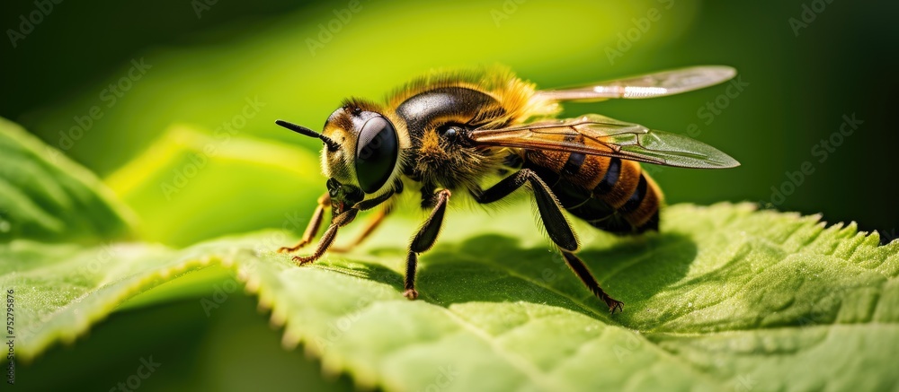 Vibrant Bee Collecting Pollen on a Green Leaf in Nature - Close-up Macro Photography Vibrant Bee Collecting Pollen on a Green Leaf in Nature - Close-up Macro Photography