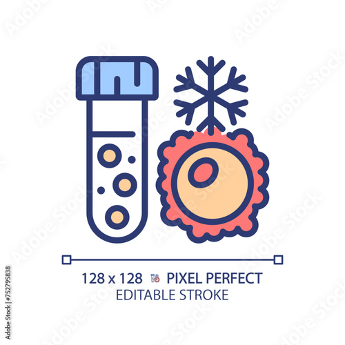 Ovum egg cryopreservation RGB color icon. Female fertility, biological specimens. Test tube cryosamples. Human genetics. Isolated vector illustration. Simple filled line drawing. Editable stroke