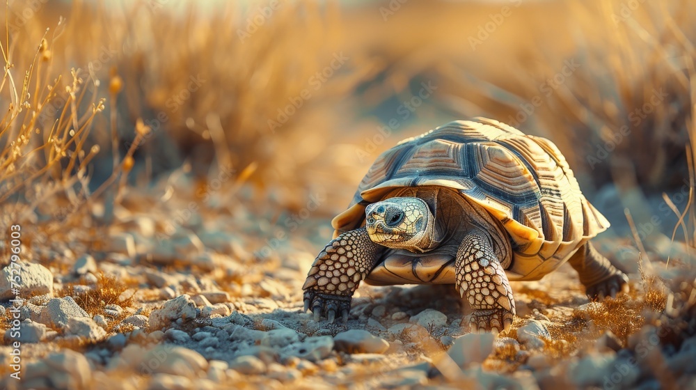 a documentary photo of An adorable tortoise crawling in dry desert, turtle in desert - obrazy, fototapety, plakaty 