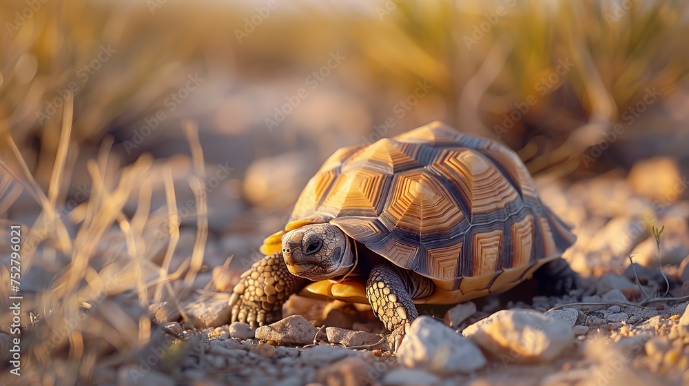 Obraz premium a documentary photo of An adorable tortoise crawling in dry desert, turtle in desert