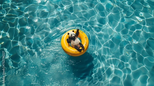 Cute panda lie on yellow swimming rings floating on clear light blue water In the pool