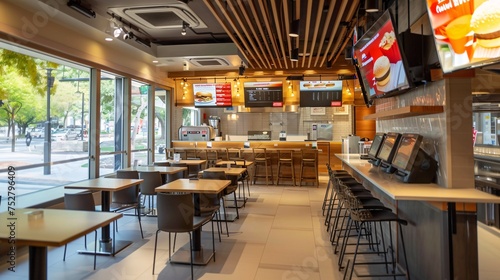 Fast Food Restaurant with Modern Design and Wooden Seating Generative AI photo