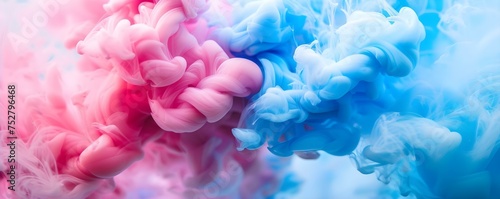 Closeup of vibrant pink and blue ink swirling in abstract water. Concept Abstract Photography, Swirling Colors, Close-up Shots, Ink in Water, Vibrant Art