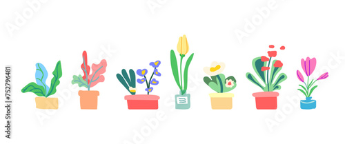 Collection spring flowers and leaves in the pot. Flowering plants. Blooming flowers and foliage. Flat graphic vector illustration on white background. Colorful hand drawn illustration