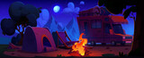 Camping place with camper van with baggage on top, tent, lounge chair and bonfire in forest near mountains at night under moonlight. Cartoon summer dusk scene with caravan during outdoor vacation.