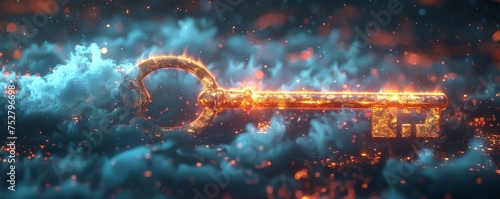 Digital clouds part as an ancient key floats unlocking secrets of the future ethereal lights