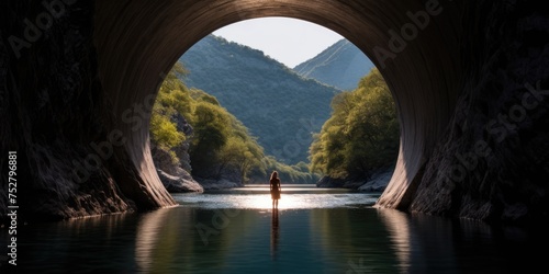 As the arch bridge towers overhead, a tunnel emerges beneath, casting its reflection upon the serene surface of the water, a stunning display of symmetry and tranquility