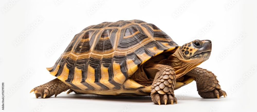 Obraz premium Curious Turtle Pondering on a Blank Canvas of White Serenity - Wildlife Exploration Concept