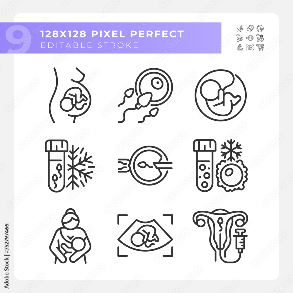 Fototapeta premium Artificial insemination linear icons set. Genetic material collecting. Dna freezing. Child care, breastfeeding. Customizable thin line symbols. Isolated vector outline illustrations. Editable stroke